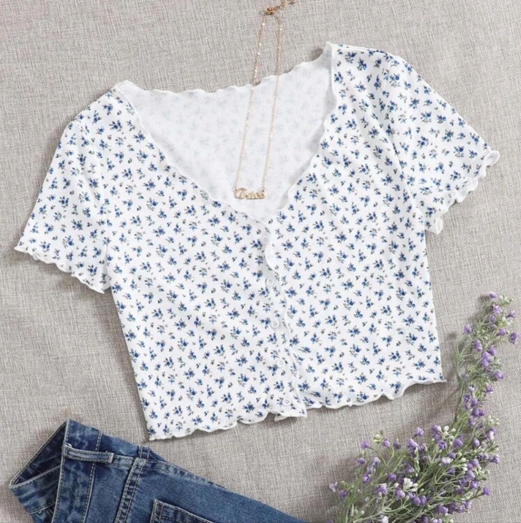 Buttoned Front Lettuce Trim Ditsy Floral